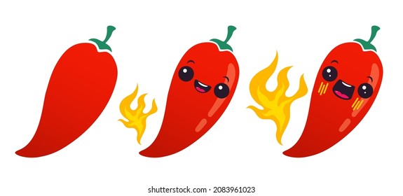 Vector set illustration of a spicy chili peppers with flame. Cartoon red chilli pepper with flame for Mexican or Thai food. Cartoon baby chillies and fire in chibi style.