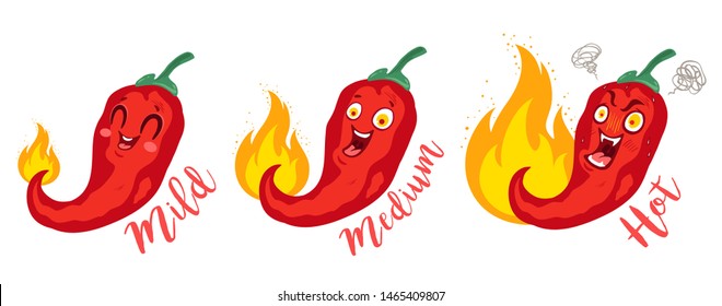 Vector set illustration of a spicy chilli peppers with flame. Cartoon red chilli pepper for mexican or thai food. Cartoon different red chillies. 