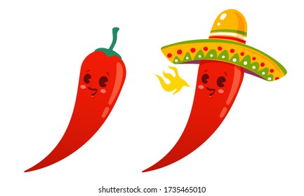 Vector set illustration of a spicy chilli peppers with flame. Cartoon red chilli pepper with flame for mexican or thai food. Cartoon different red chillies and fire. Hot chili pepper in sombrero.