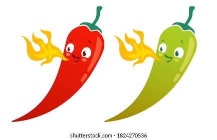 Vector set illustration of a spicy chilli peppers with flame. Cartoon red chilli pepper with flame for mexican or thai food. Cartoon of red and green chillies and fire.