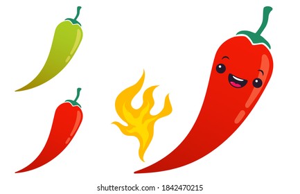Vector set illustration of a spicy chilli peppers with flame. Cartoon red chilli pepper with flame for mexican or thai food. Cartoon of red and green chillies and fire.