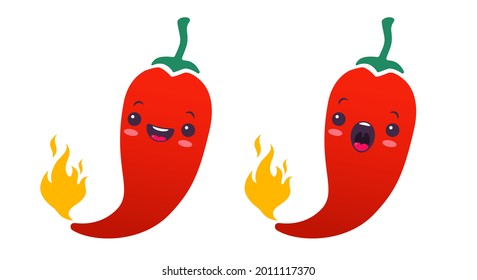 Vector set illustration of a spicy chilli peppers with flame in kawaii style. Cartoon red chilli pepper with flame for Mexican or Thai food. Cartoon of baby chili with fire.