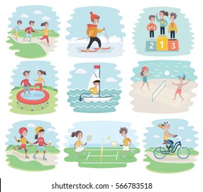 Vector set illustration of sports kids. tennis, football, Funny cartoon character. Relay, riding on skis, winners podium, jumping on a trampoline, sailing, beach volleyball, roller skating, cycling. 