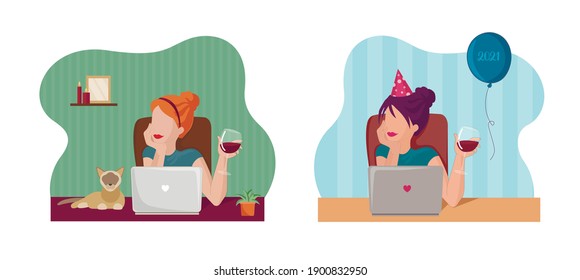 Vector set illustration for St. Valentine s Day. Free woman's on online dating or try to found couple. Chatting and drinking red wine. Flat illustration for web, landing page, banner.