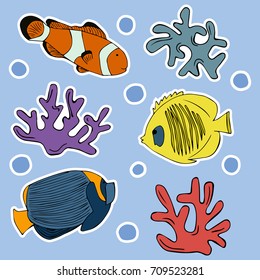 vector set illustration stickers fishes- red clown fish, yellow butterfly fish, blue angel fish with corals and bubbles on blue background