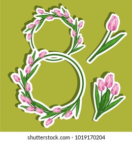 Vector set illustration stickers on March 8 from tulips