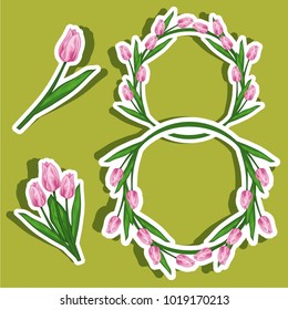 Vector set illustration stickers on March 8 from tulips