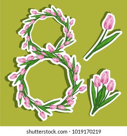 Vector set illustration stickers on March 8 from tulips