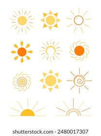 Vector set illustration of a stylized image of the sun. Stickers