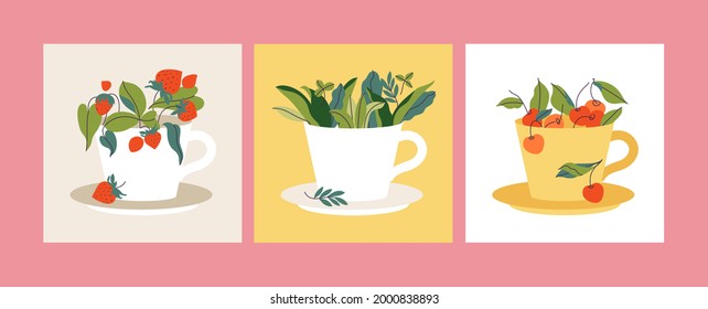 Vector set illustration tea cups full of berries and leaves. Cherry, strawberry and herbal tea.