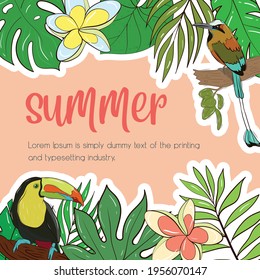 Vector set of illustration template for a postcard, business card, or advertising banner. Tropical background. Space for the text. Summer theme. Stock illustration.