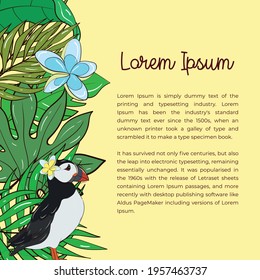 Vector set of illustration template for a postcard, business card, or advertising banner. Tropical background. Space for the text. Stock illustration. Puffin-bird.