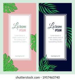 Vector set illustration template for a postcard, business card, or advertising banner. Space for the text. Banners with tropical plants for a wedding or event. The collection is vertical.