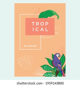 Vector set illustration template for a postcard, business card, or advertising banner. Space for the text. Stock illustration. Banners with tropical plants for a wedding or event.  White frame.