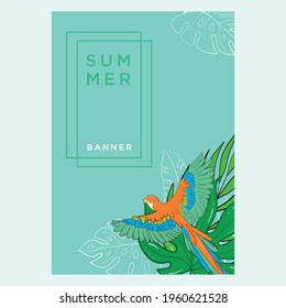 Vector set illustration template for a postcard, business card, or advertising banner. Space for the text.Stock illustration. Banners with tropical plants for a wedding or event. Tropical birds. 