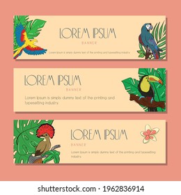 Vector set of illustration template for a postcard, business card, or advertising banner. Space for the text. Stock illustration. A collection of banners with a tropical background.