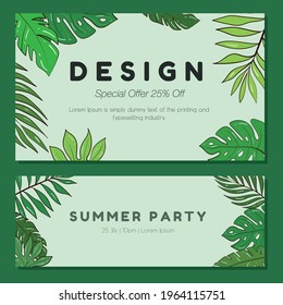 Vector set of illustration template for a postcard, business card, or advertising banner. Space for the text. Stock illustration. A collection of banners with tropical plants for a party or event.