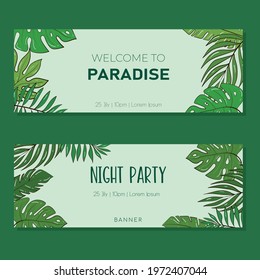 Vector set of illustration template for a postcard, business card, or advertising banner. Space for the text. A collection of banners with tropical plants for a party or event. Summer.