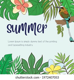 Vector set of illustration template for a postcard, business card, or advertising banner. Tropical background. Space for the text. A bright bird with a long tail. Stock illustration.