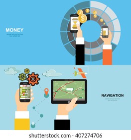 Vector set illustration of time is money flat design.Vector illustration of hand holding smart phone or tablet with mobile navigation.