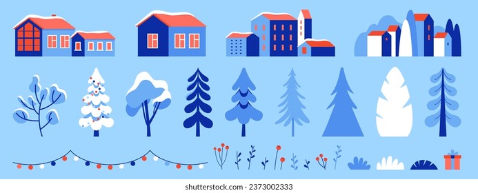 Vector set of illustration in trendy flat simple style - Merry  Christmas and Happy New Year greeting card and banner - winter landscape with houses, garland and fir trees 