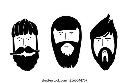 Vektorset. Illustration von trendigen, modernen Bärenmännern, Hipsters mit verschiedenen Haarschnitten und Bärten. Silhouetten, Embleme, Abzeichen, Etiketten. Vektorgrafik im Doodle-Stil.