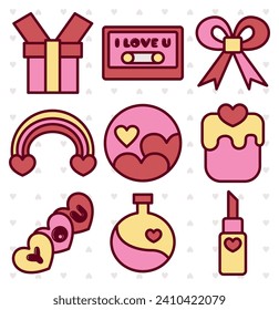 Juego de vectores Ilustración de elementos, íconos y símbolos románticos del amor en San Valentín con arte de línea y estilo colorido
