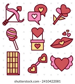 Vector set Illustration of Valentine's Day elements, icons, and romantic symbols of love with line art and colorful style
