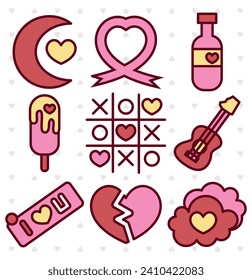 Juego de vectores Ilustración de elementos, íconos y símbolos románticos del amor en San Valentín con arte de línea y estilo colorido
