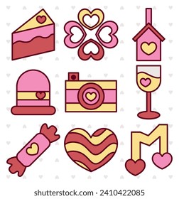 Vector set Illustration of Valentine's Day elements, icons, and romantic symbols of love with line art and colorful style

