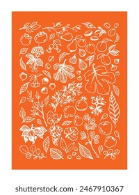 Vector set illustration of various Garden Fruits, leaves, tree branches on orange