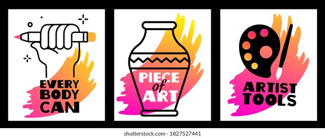 Vector set of illustration of vase, paintbrush with palette and hand holding a pencil in frame