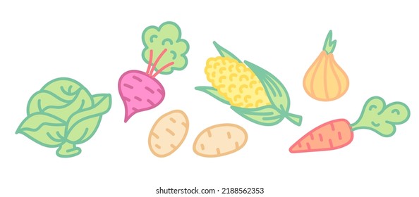 Vector set illustration of vegetables in flat style. Vector set icons of vegetables in hand drawing style.