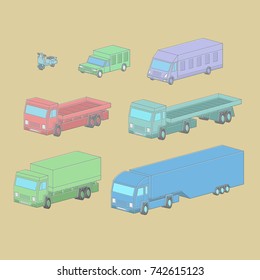 Vector set illustration of vehicle in isometric