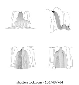 Vector set of illustration of waterfall cascade. Water stream falling of various shape of mountain rock. Isolated outline hand drawn object. Logo, design element. 