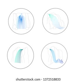 Vector set of illustration of waterfall cascade. Water stream falling of various shape of mountain rock. Isolated outline hand drawn object. Logo, design element. 