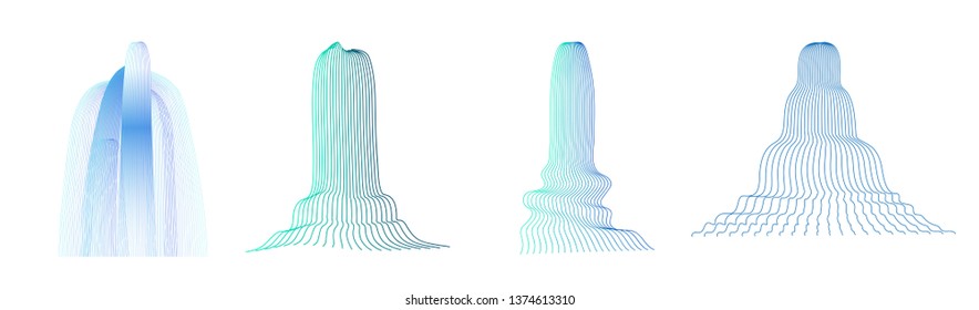 Vector set of illustration of waterfall cascade. Water stream falling of various shape of mountain rock. Isolated outline hand drawn object. Logo, design element. 