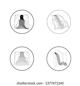 Vector set of illustration of waterfall cascade. Water stream falling of various shape of mountain rock. Isolated outline hand drawn object. Logo, design element. 
