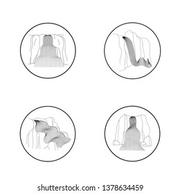 Vector set of illustration of waterfall cascade. Water stream falling of various shape of mountain rock. Isolated outline hand drawn object. Logo, design element. 