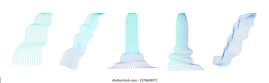 Vector set of illustration of waterfall cascade. Water stream falling of various shape of mountain rock. Isolated outline hand drawn object. Logo, design element. 