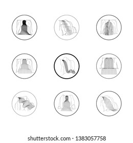 Vector set of illustration of waterfall cascade. Water stream falling of various shape of mountain rock. Isolated outline hand drawn object. Logo, design element. 