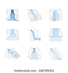 Vector set of illustration of waterfall cascade. Water stream falling on various shapes of mountain rock. Isolated outline hand drawn object. Logo, design element. 