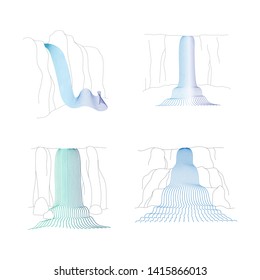 Vector set of illustration of waterfall cascade. Water stream falling of various shape of mountain rock. Isolated outline hand drawn object. Logo, design element. 