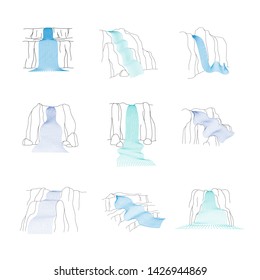 Vector set of illustration of waterfall cascade. Water stream falling of various shape of mountain rock. Isolated outline hand drawn object. Logo, design element. 