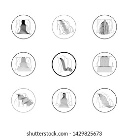 Vector set of illustration of waterfall cascade. Water stream falling of various shape of mountain rock. Isolated outline hand drawn object. Logo, design element. 