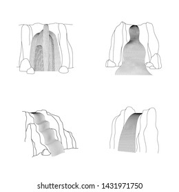 Vector set of illustration of waterfall cascade. Water stream falling of various shape of mountain rock. Isolated outline hand drawn object. Logo, design element. 