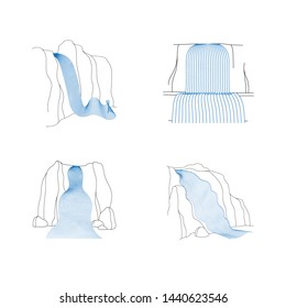 Vector set of illustration of waterfall cascade. Water stream falling of various shape of mountain rock. Isolated outline hand drawn object. Logo, design element. 