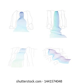 Vector set of illustration of waterfall cascade. Water stream falling of various shape of mountain rock. Isolated outline hand drawn object. Logo, design element. 