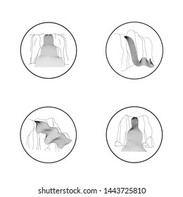Vector set of illustration of waterfall cascade. Water stream falling of various shape of mountain rock. Isolated outline hand drawn object. Logo, design element. 