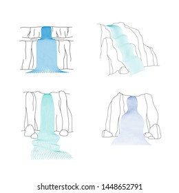 Vector set of illustration of waterfall cascade. Water stream falling of various shape of mountain rock. Isolated outline hand drawn object. Logo, design element. 
